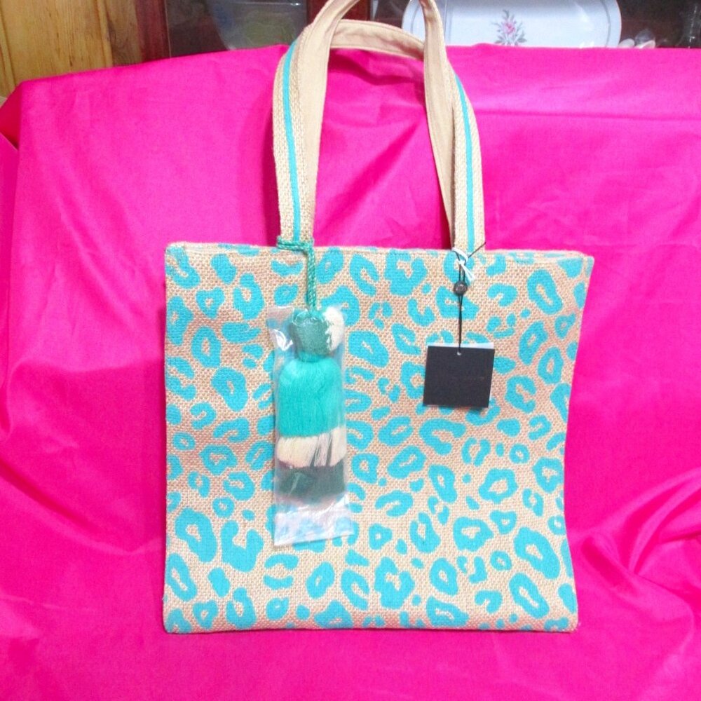 P45-2-NWT America & Beyond Teal Jute Cheetah with Large Variegated Tassel Tote